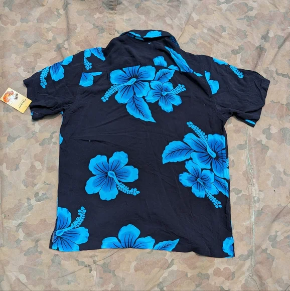 NWT Favant Rayon Hawaiian Hibiscus Button Up Shirt Never Worn Black Blu Sz L - Picture 3 of 11